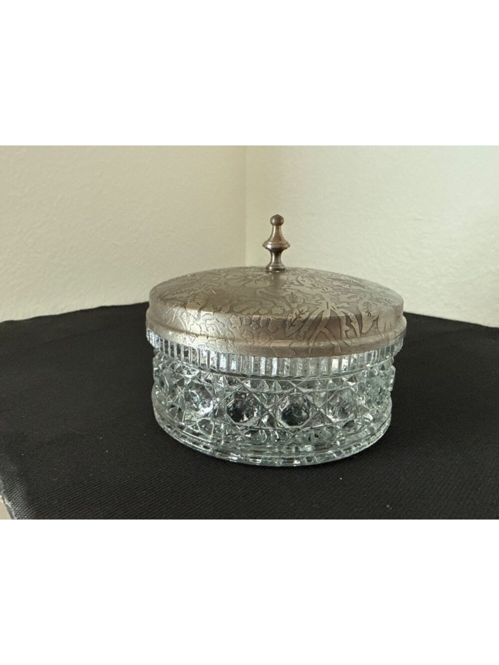 Vintage Himalayan Trading Post Pressed Glass Decanter/ Trinket Dish With Floral